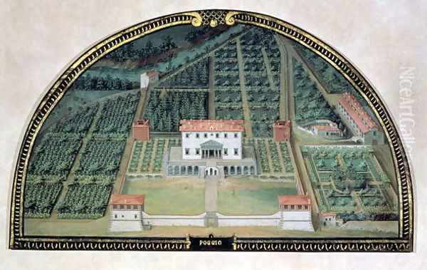 Villa Poggio a Caiano from a series of lunettes depicting views of the Medici villas, 1599 Oil Painting by Giusto Utens