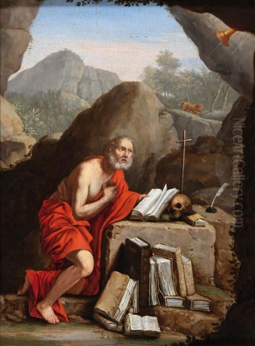 Hilly Landscape,in The 
Foreground Saint Jerome Kneeling In Front Of A Stone Altarwith A Skull 
And Some Books Oil Painting by Domenico Zampieri (Domenichino)