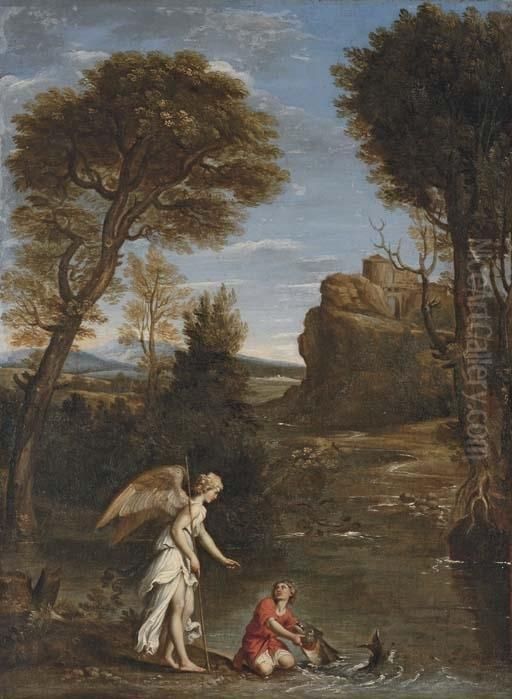 An Italianate Landscape With Tobias And The Angel Oil Painting by Domenico Zampieri (Domenichino)