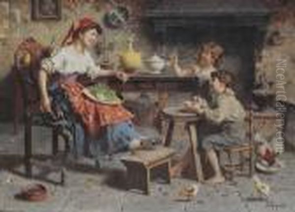 Keukentafereel Met Jonge Moeder 
Aan Het Werk Haar Twee Bellenblazende Kinderen Toelachend Oil Painting by Eugenio Zampighi