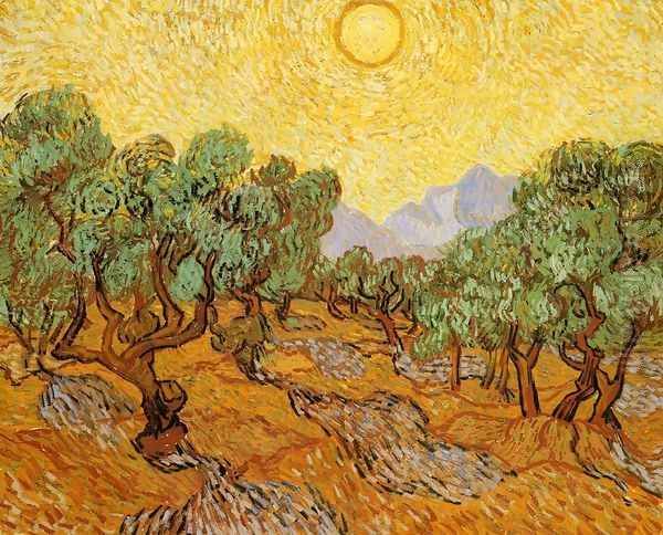 Olive Trees With Yellow Sky And Sun Oil Painting by Vincent Van Gogh