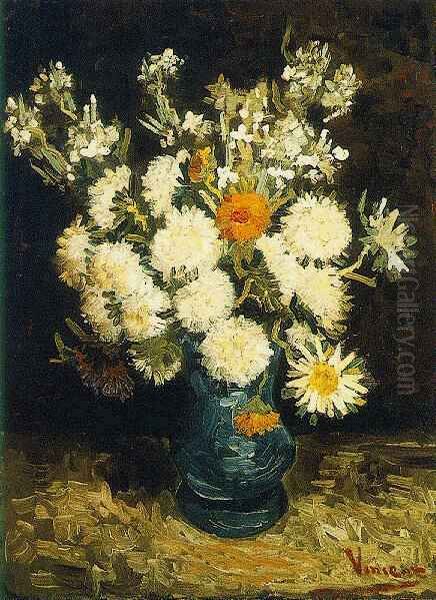 Flowers In A Blue Vase Oil Painting by Vincent Van Gogh