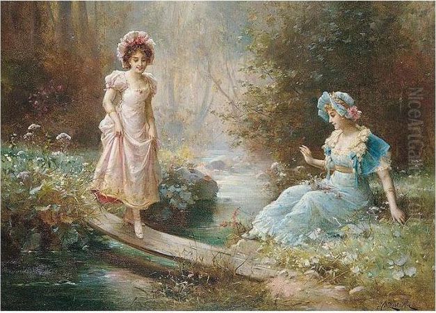 Halt Die Brucke? (will The Bridge Hold?) Oil Painting by Hans Zatzka
