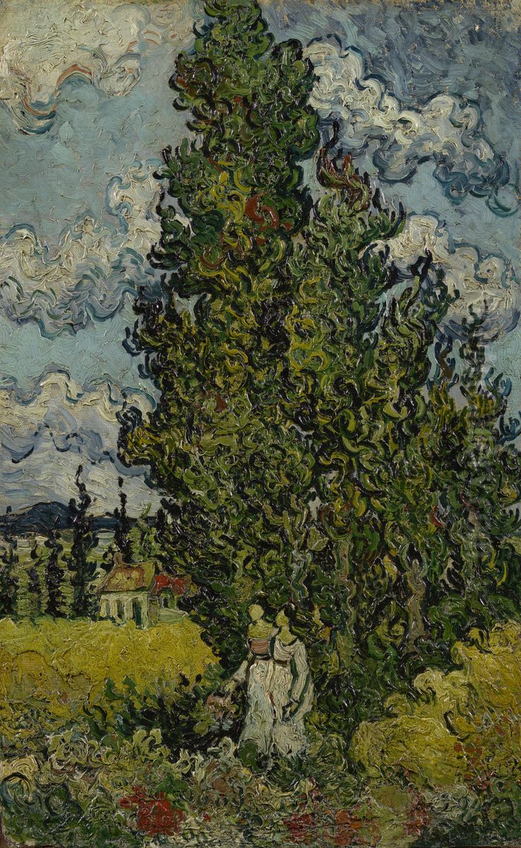 Cypresses And Two Women Oil Painting by Vincent Van Gogh