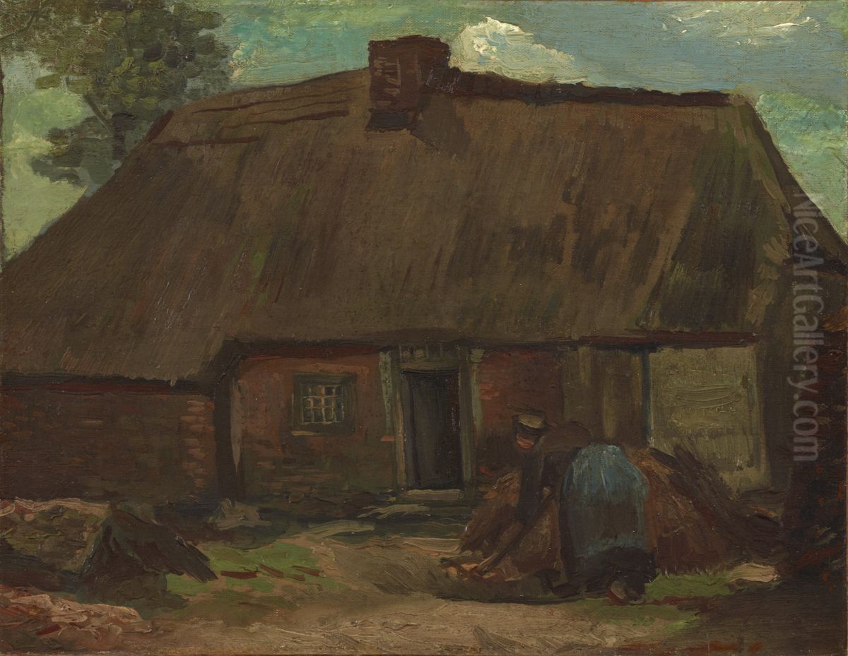Cottage With Peasant Woman Digging Oil Painting by Vincent Van Gogh