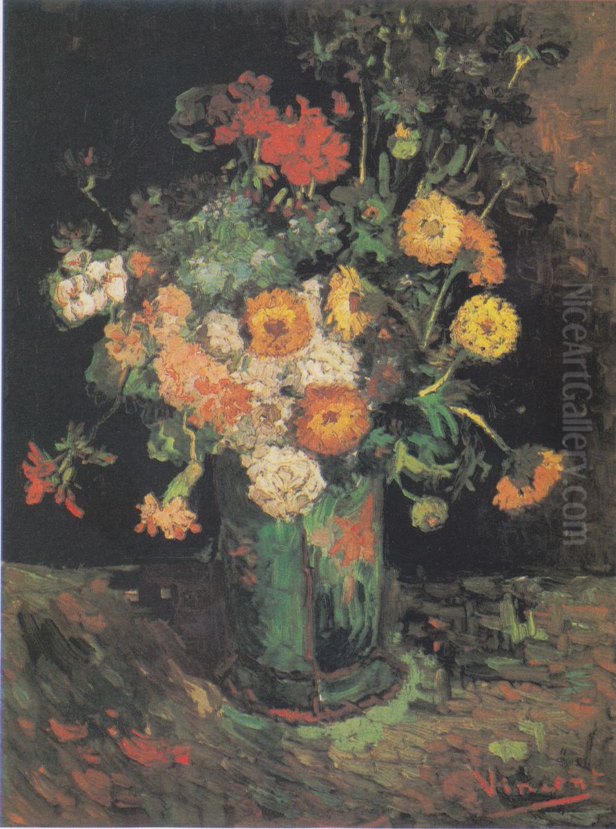 Vase With Zinnias And Geraniums Oil Painting by Vincent Van Gogh