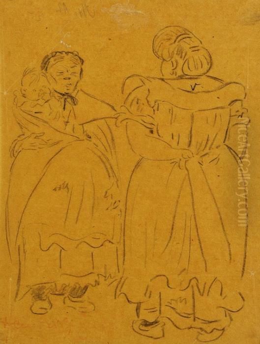 Zwei Frauen Im Gesprach Oil Painting by Heinrich Zille