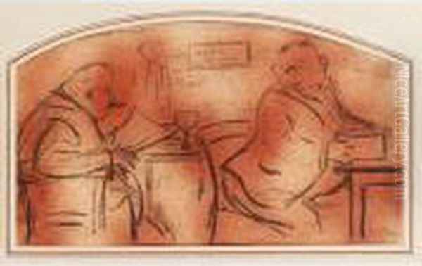 Zwei Herren Im Cafe (two Men In A Cafe) Oil Painting by Heinrich Zille