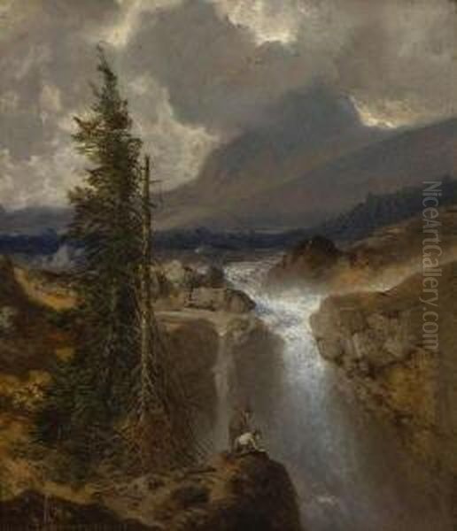 Zwei Wanderer Am
 Wasserfall. Oil Painting by August Albert Zimmermann