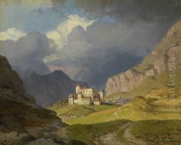 Blick Auf Nauders Und Burg
 Naudersberg In Tirol. Oil Painting by August Albert Zimmermann