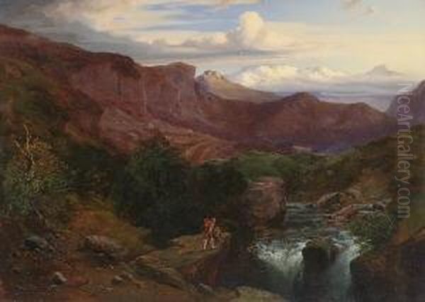 Zwei Wanderer Am Wasserfall Im
 Gebirge. Oil Painting by August Albert Zimmermann