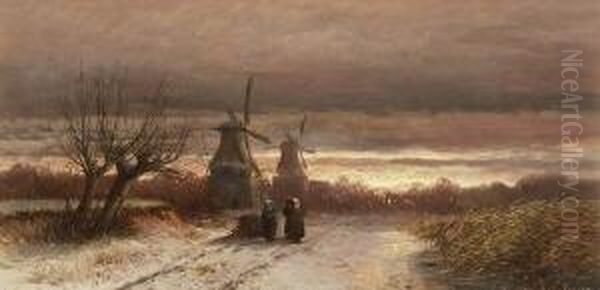 Hollandische Winterlandschaft Mit
 Reisigsammlerinnen Im Gesprach. Oil Painting by August Albert Zimmermann