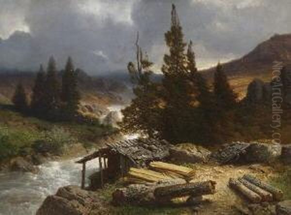 Hutte Am Gischtenden
 Gebirgsbach. Oil Painting by August Albert Zimmermann