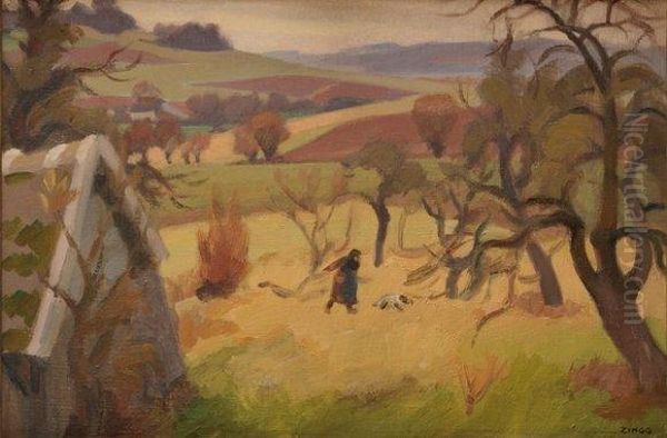 Promeneur Et Son Chien Dans Un Paysage D'automne Oil Painting by Jules Emile Zingg