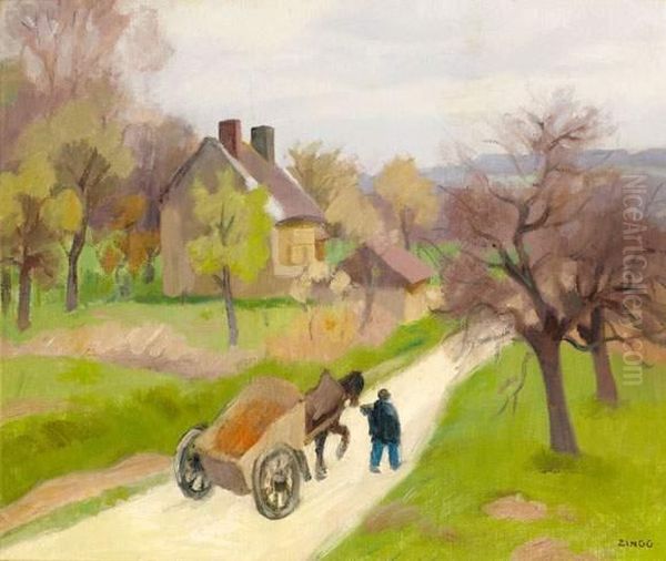 La Charette Sur La Route, Vexin 1937 Oil Painting by Jules Emile Zingg
