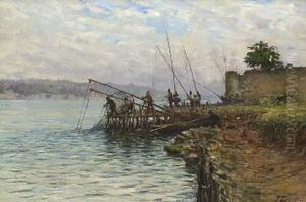 Orientalische Angler Am
 Fluss. Oil Painting by Fausto Zonaro