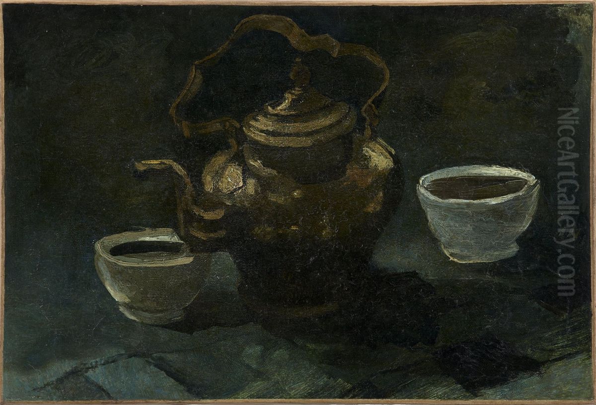 Still Life With Copper Coffeepot And Two White Bowls Oil Painting by Vincent Van Gogh