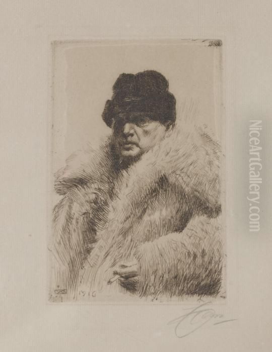 Sjalvportratt I Vargskinnspals Oil Painting by Anders Zorn