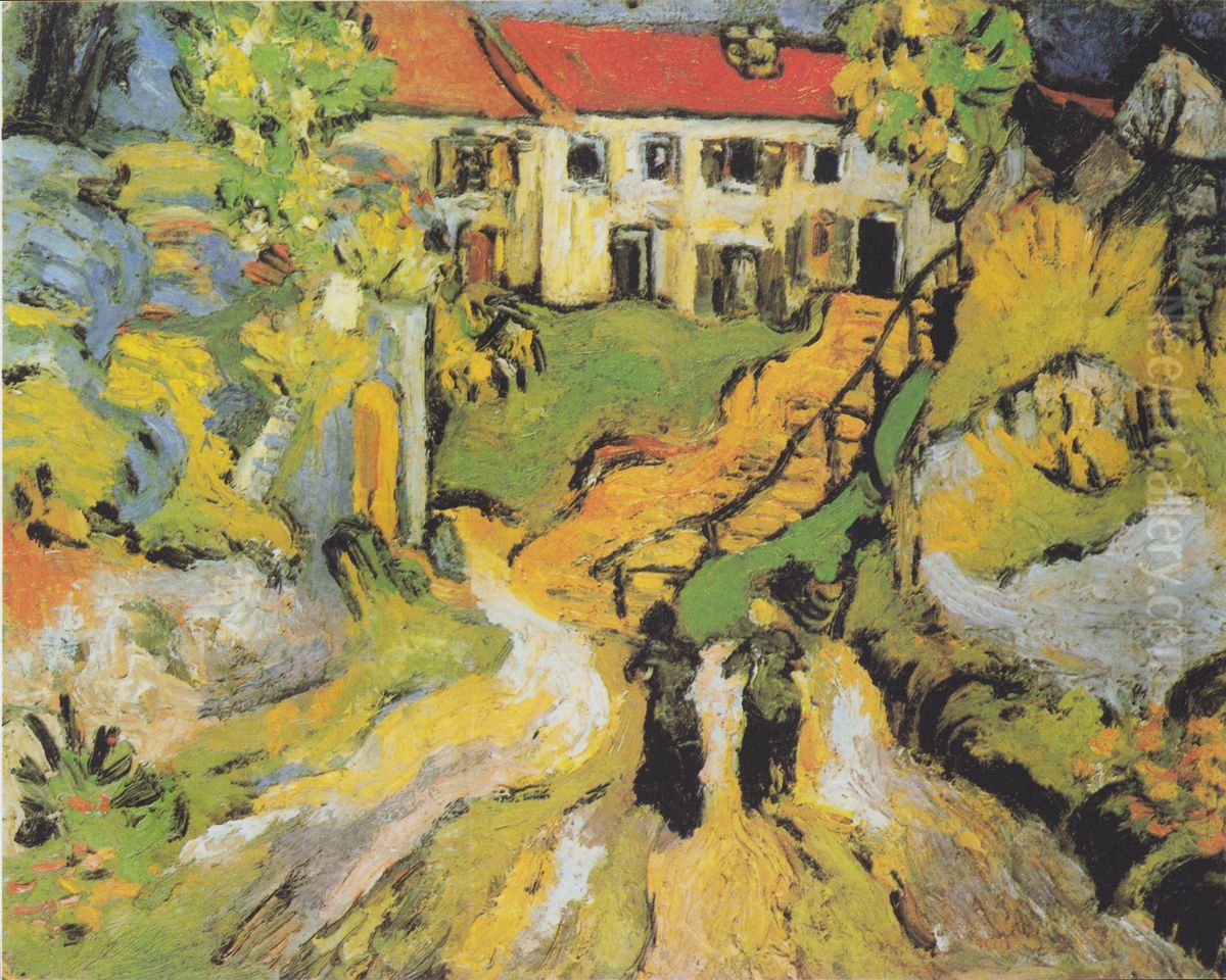Village Street And Steps In Auvers With Two Figures Oil Painting by Vincent Van Gogh