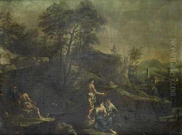 A Fisherman And Other Figures On
 The Bank Of A Stream Before A Rocky Landscape With A Village In The 
Distance Oil Painting by Francesco Zuccarelli