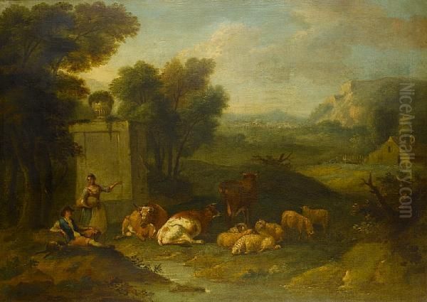 A Shepherd And A Shepherdess 
Grazing Their Cattle In An Italianate Landscape, A Village On The 
Horizon Oil Painting by Francesco Zuccarelli