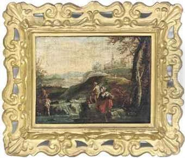 An Italianate Landscape With Figures Washing Clothes At Awaterfall Oil Painting by Francesco Zuccarelli