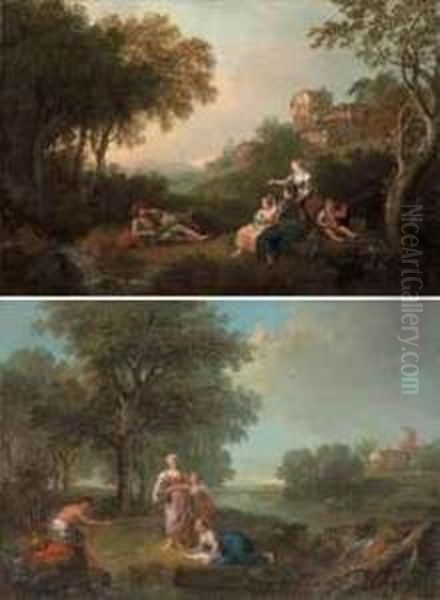 A Wooded River Landscape With 
Figures Resting And Fishing, Cattlewatering At A River In The Distance; 
And A Wooded Landscape Withfigures Resting And Fishing By A Stream Oil Painting by Francesco Zuccarelli