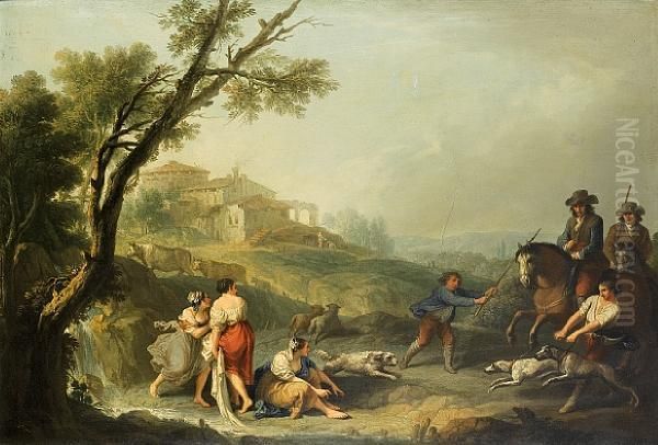An Italianate Landscape With 
Washerwomen Beside A Waterfall And Horsemen And Their Dogs Approaching Oil Painting by Francesco Zuccarelli