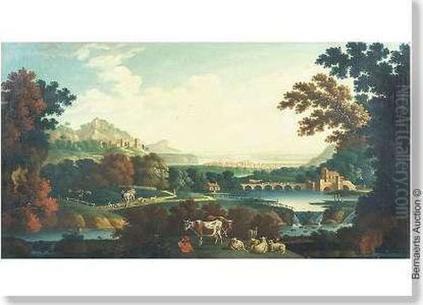 Entourage. Paysage Panoramique 
Anime De Voyageurs, De Betaille, D'une Riviere Et D'une Ville Au 
Lointain. Oil Painting by Francesco Zuccarelli