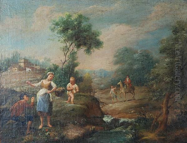 Scena Pastorale Con Contadinelli
 Galanti, Fanciullo Eviandante A Cavallo Con Palafreniere Oil Painting by Francesco Zuccarelli