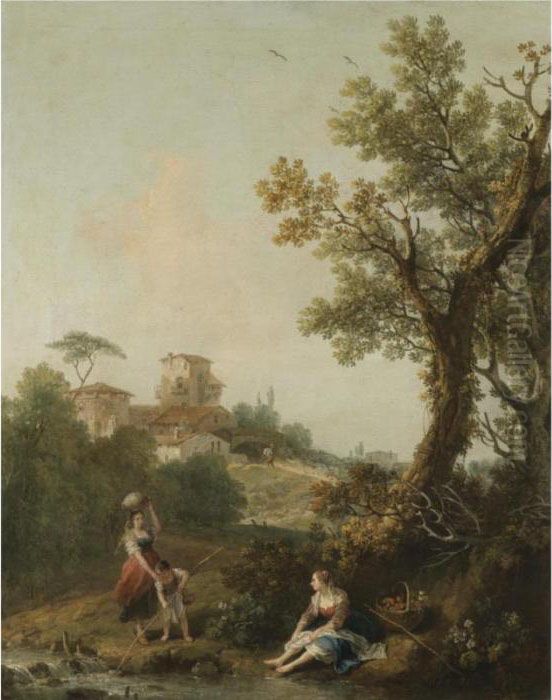 A Wooded River Landscape With A 
Boy And His Mother Fishing And Another Woman Resting In The Foreground, A
 Traveller Approaching A Village Beyond Oil Painting by Francesco Zuccarelli