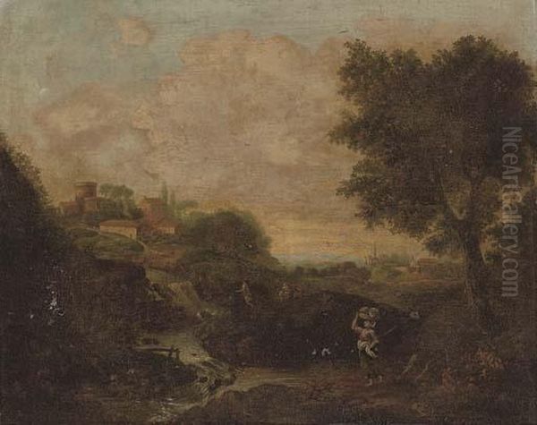 An Italianate River Landscape 
With A Woman Holding A Basket In The Foreground, A Village Beyond Oil Painting by Francesco Zuccarelli