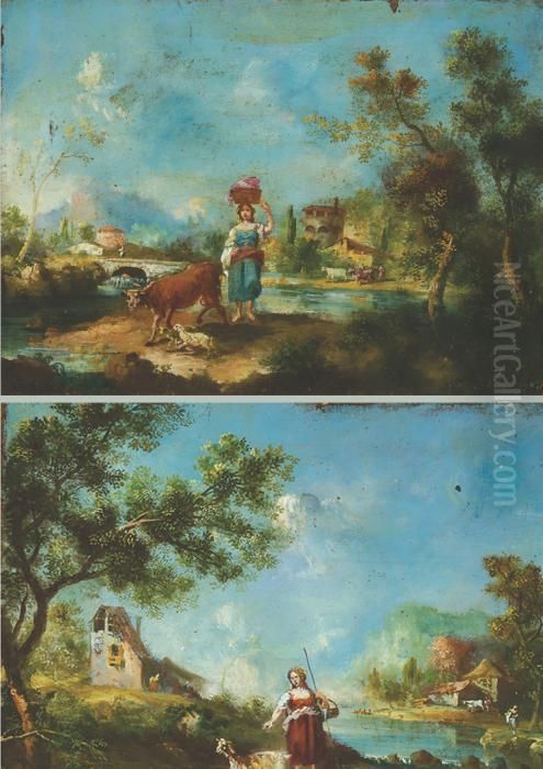The
Laundress
 And 
The Shepherdess Oil Painting by Francesco Zuccarelli