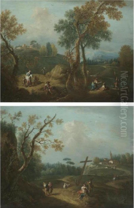 An Italianate Landscape With 
Figures Beneath A Crucifix, A Church Beyond; A Pastoral Landscape With 
Peasants And A Fisherman Near A Pond, A Shepherd With His Flock Beyond Oil Painting by Francesco Zuccarelli