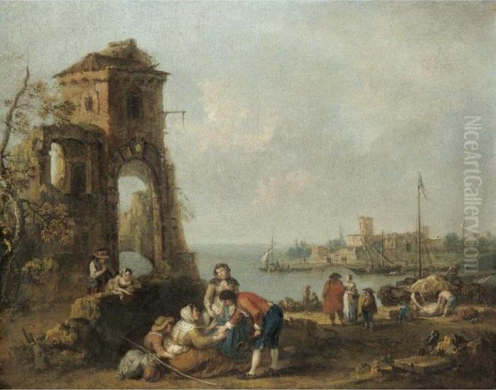 An Architectural Capriccio With 
Numerous Figures Beside Classical Ruins, A Mediterrenean Harbour Beyond Oil Painting by Francesco Zuccarelli