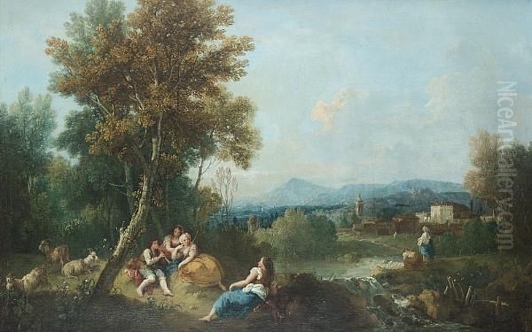 An Arcadian Landscape With A 
Goatherd Serenading Shepherdesses Beside A Waterfall, A Village And 
Mountains Beyond Oil Painting by Francesco Zuccarelli
