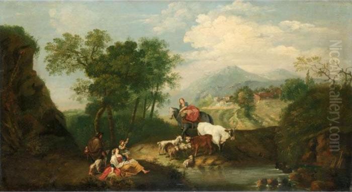 Paesaggio Con Pastorella A 
Cavallo, Animali, Viandante E Donna Con Bambino Presso Uno Specchio 
D'acqua Oil Painting by Francesco Zuccarelli