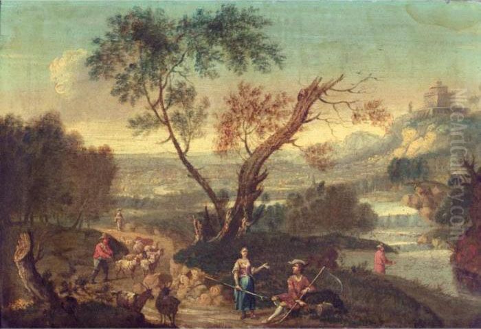 Italianate Landsape With Drovers
 And Their Animals On A Road Beside A River, A Hilltop Castle Beyond Oil Painting by Francesco Zuccarelli