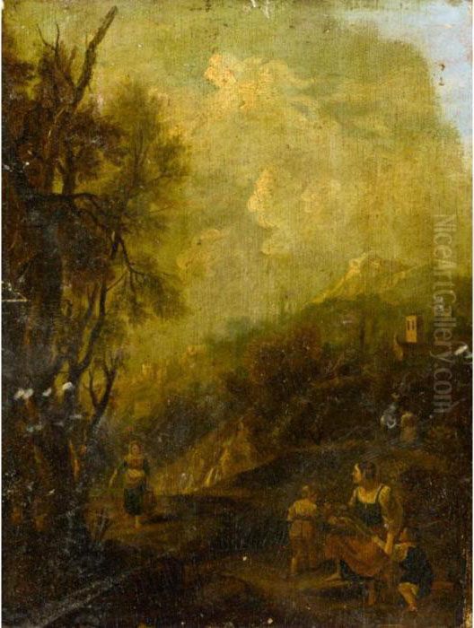 Italianate Landscape With A Maid
 And Her Children Resting Beside A Road, A Hilltop Town Beyond Oil Painting by Francesco Zuccarelli