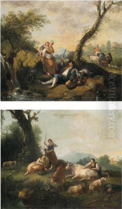 Paesaggio Arcadico Con 
Cascatella E Viandanti; Paesaggio Arcadico Con Ruscello In Primo Piano E
 Pastorelle Oil Painting by Francesco Zuccarelli