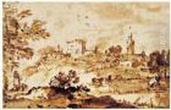 Vue D'une Ville Au Bord D'une Riviere En Contrebas, Avec Des
 Bergers Oil Painting by Francesco Zuccarelli