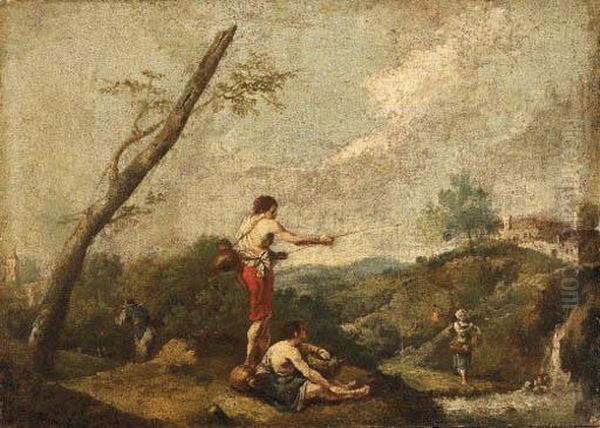 Zuccarelli, F.
An Italianate Landscape With Fishermen On The Banks Of A Stream, Awater Carrier Nearby Oil Painting by Francesco Zuccarelli