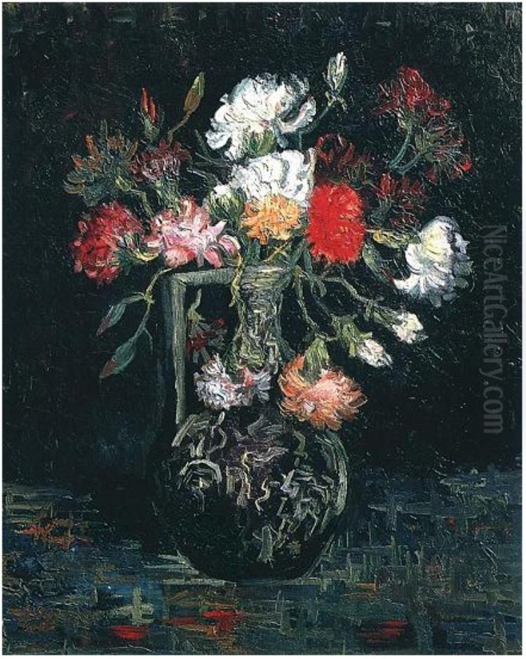 Vase With White And Red Carnations Oil Painting by Vincent Van Gogh