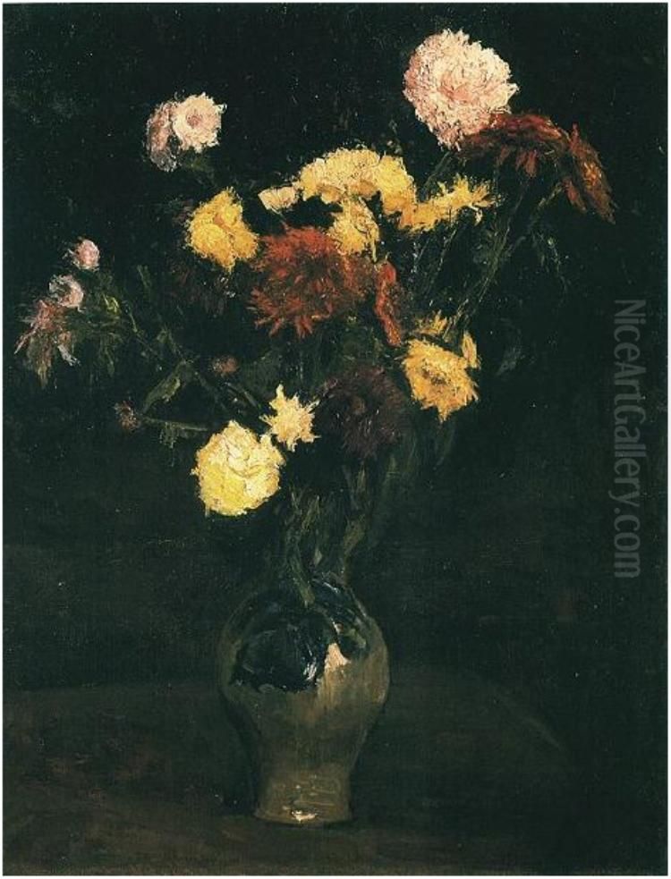 Vase With Carnations And Zinnias Oil Painting by Vincent Van Gogh