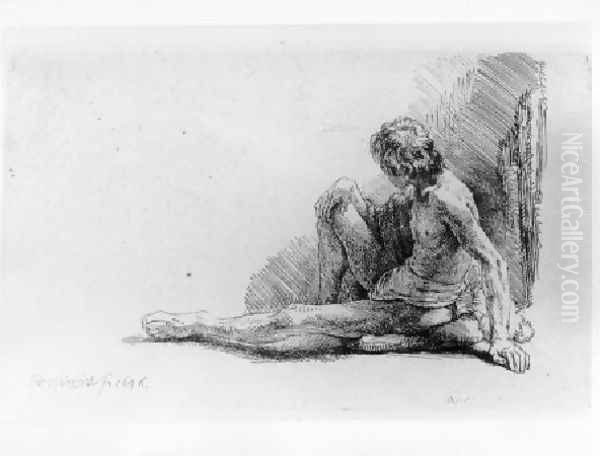 Nude Man Seated on the Ground with One Leg Extended Oil Painting by Harmenszoon van Rijn Rembrandt