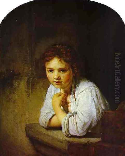 A Young Girl Leaning on a Window-Sill Oil Painting by Harmenszoon van Rijn Rembrandt