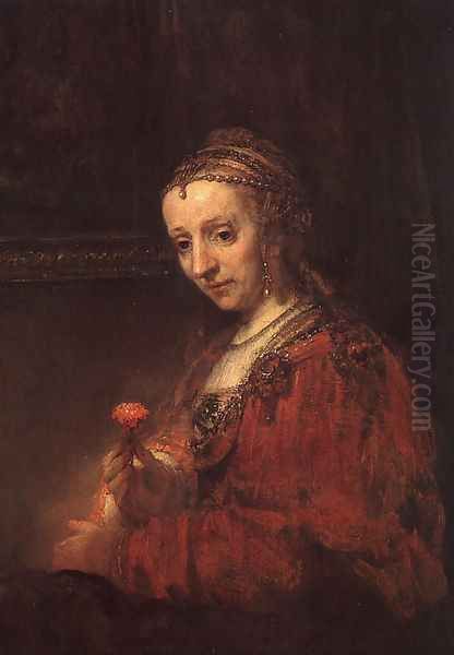 Lady with a Pink Oil Painting by Harmenszoon van Rijn Rembrandt