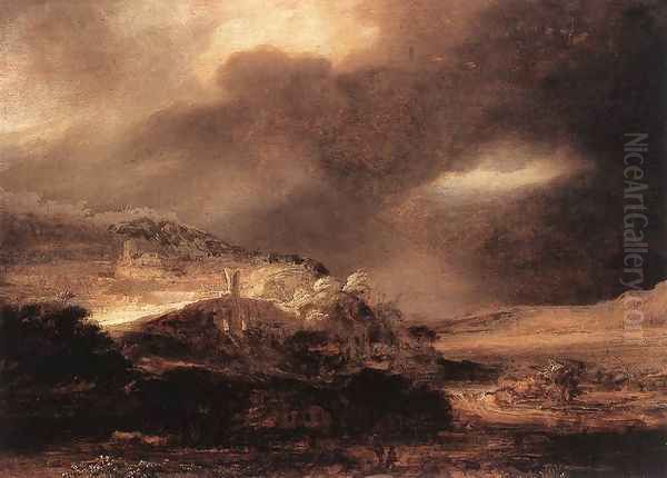 Stormy Landscape c. 1638 Oil Painting by Harmenszoon van Rijn Rembrandt