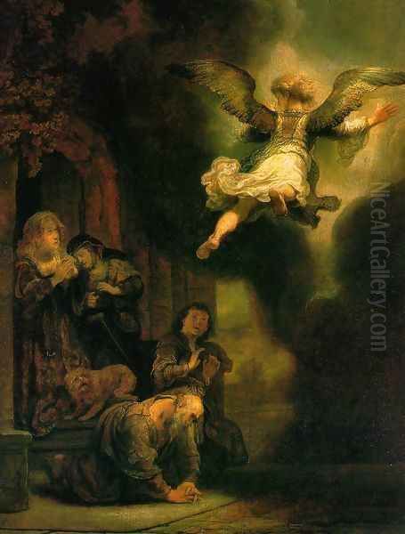 The Archangel Leaving the Family of Tobias 1637 Oil Painting by Harmenszoon van Rijn Rembrandt