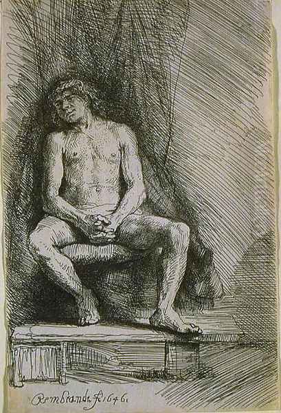 Study from the Nude Man Seated before a Curtain Oil Painting by Harmenszoon van Rijn Rembrandt